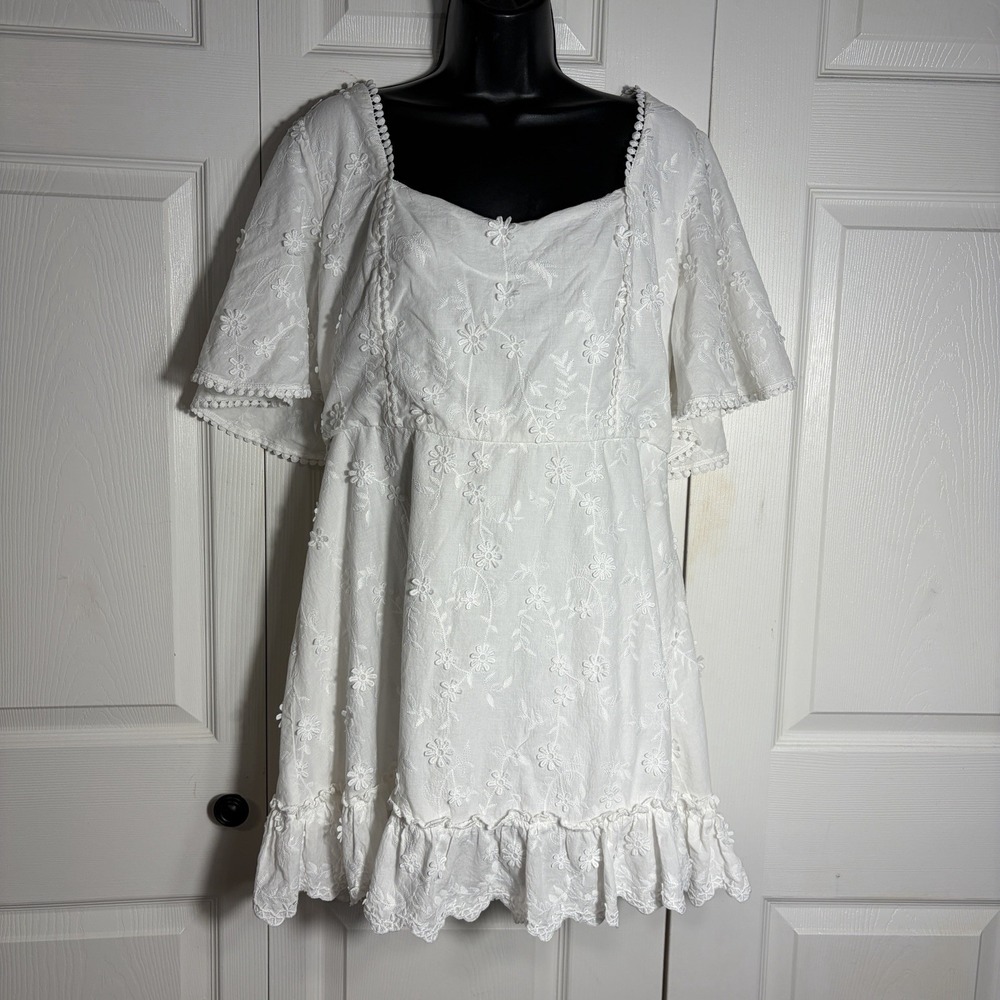 Snowpo Floral Eyelet Embroidered Dress Women 14 White Flutter Sleeve Cottagecore
